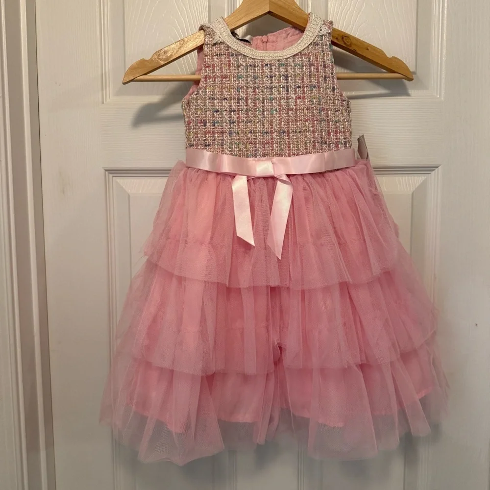 NWT Badgley Mischka Tweed Bodice Tiered Tulle Skirt Girls Dress with Bag Set